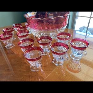 Ruby Red Band Punch Bowl with 12 Matching Cups by Indiana Glass Co